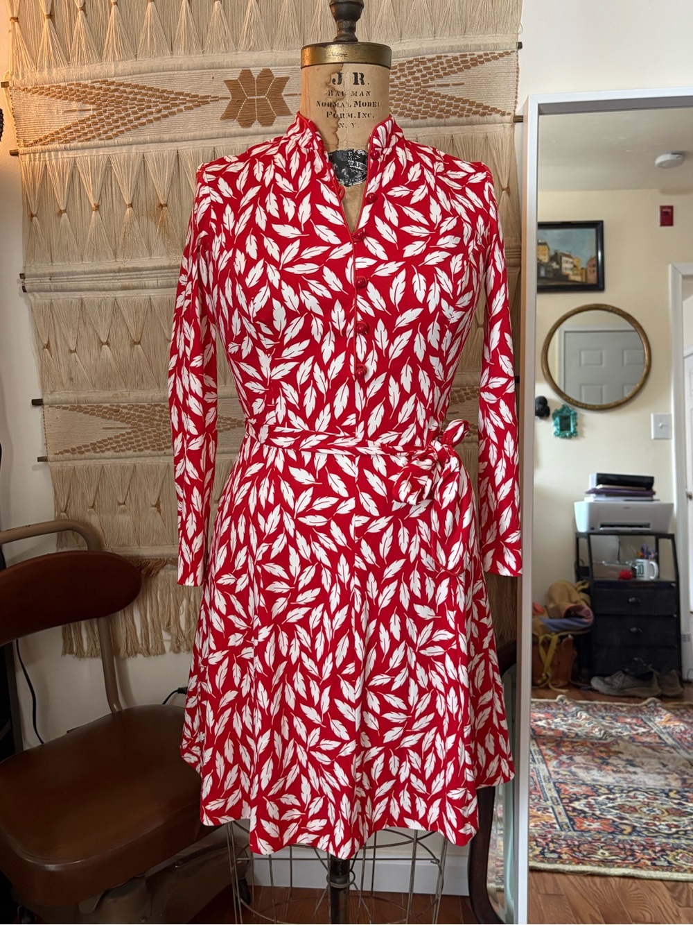 Red Leaf Print Wrap Dress - Unbranded